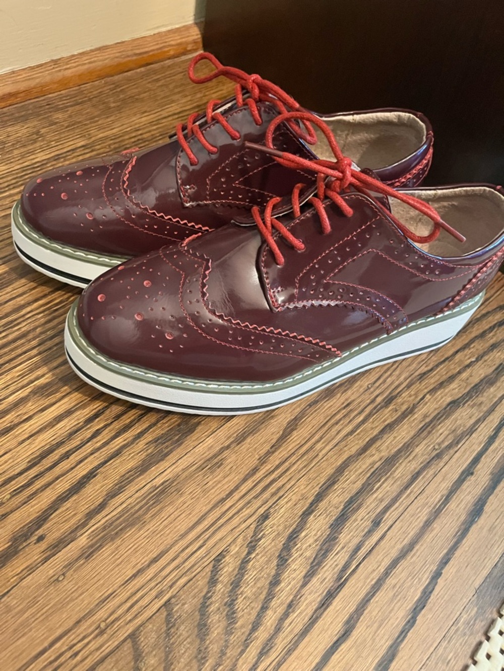 Women’s Dadawan Burgundy Platform Patent Wingtip Loafers with Red Laces